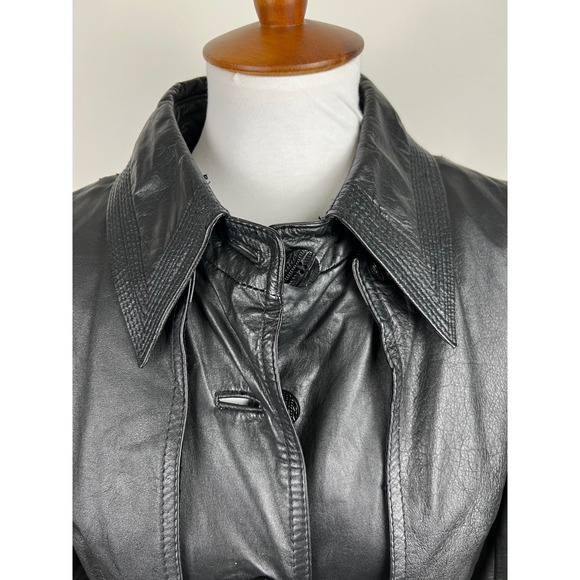 Vintage 80s Matrix Vampire Goth Long Leather Trench Coat Belted Black Korea - Picture 11 of 16